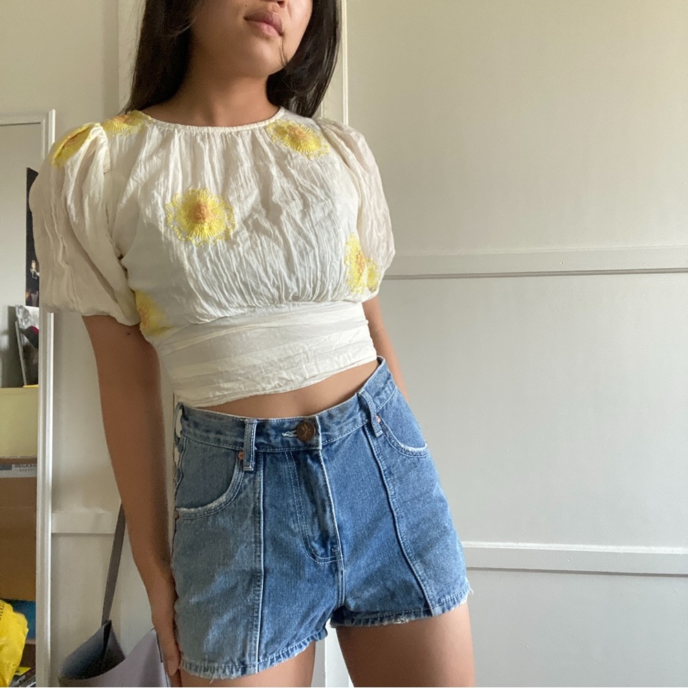 One x One Teaspoon Paneled High Waisted Denim Shorts